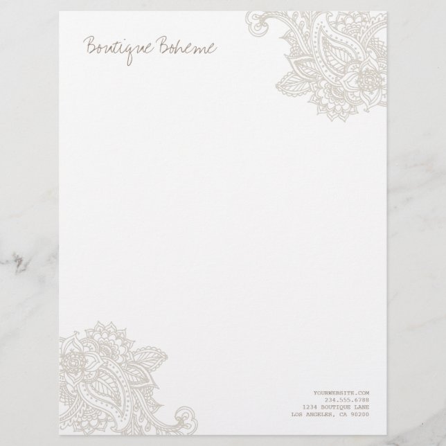 Linen Beige Illustriert Bohemisch Paisley Henna Briefbogen (Vorderseite)