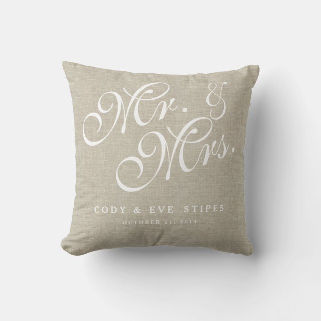Linen beige Initiales M. et Mme Mariage Coussin (Recto)