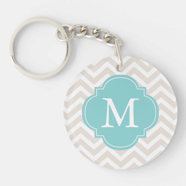 Linen Beige & Mint Zigzag Muster Monogram Schlüsselanhänger (Vorderseite)