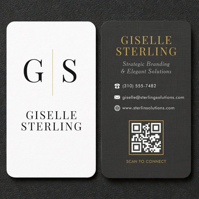 Linen Black White Gold Monogram QR Code Visitenkarte (Von Creator hochgeladen)