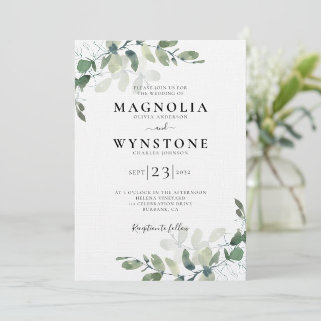 Linen Eucalyptus Botanical Luxury Wedding Einladung (Stehend Vorderseite)