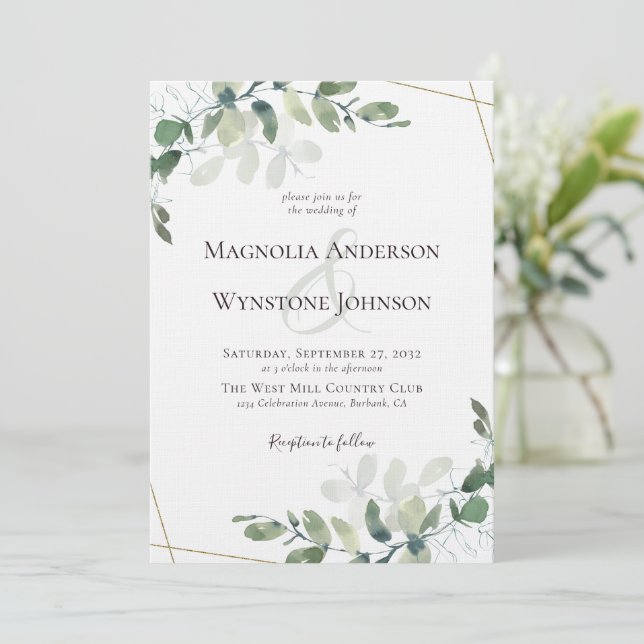 Linen Eukalyptus Greenery Gold Luxury Wedding Einladung (Stehend Vorderseite)