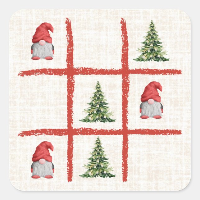 Linen Gnome Christmas Trees Tic Tac Toe Quadratischer Aufkleber (Vorderseite)