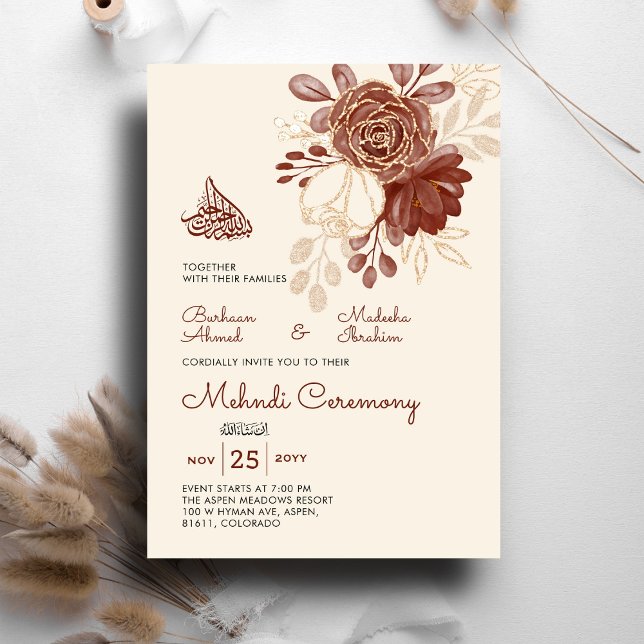 Linen Gold gliter Aquarell floral Islamisch Mehndi Einladung (Von Creator hochgeladen)