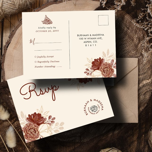 Linen gold Glitzer Aquarell Moslem Hochzeit RSVP Postkarte (Von Creator hochgeladen)