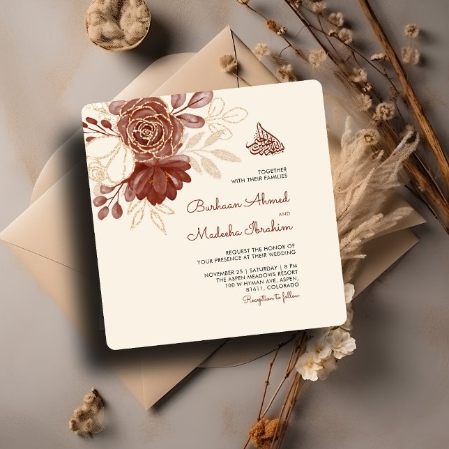 Linen gold Glitzer Aquarellblume Islamische Hochze Einladung (Von Creator hochgeladen)