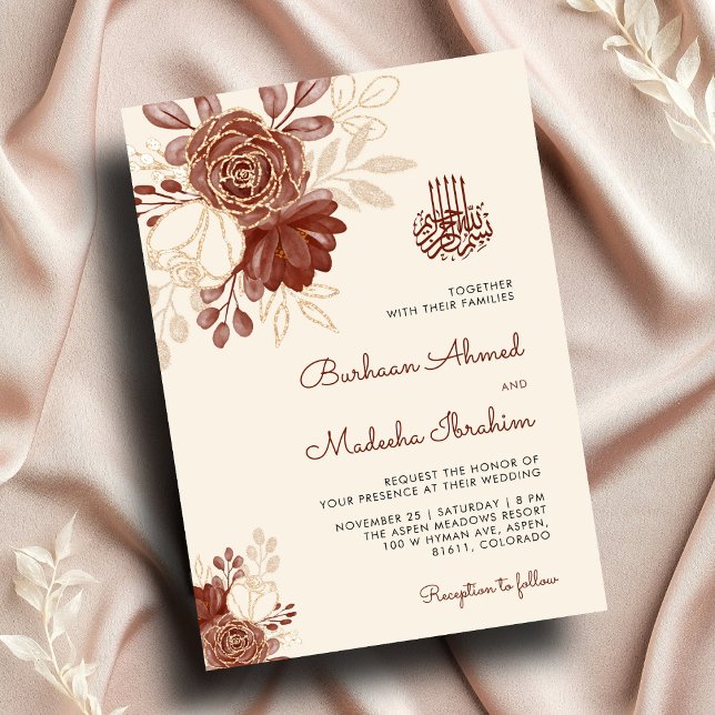Linen gold Glitzer Aquarellblume Islamische Hochze Einladung (Von Creator hochgeladen)