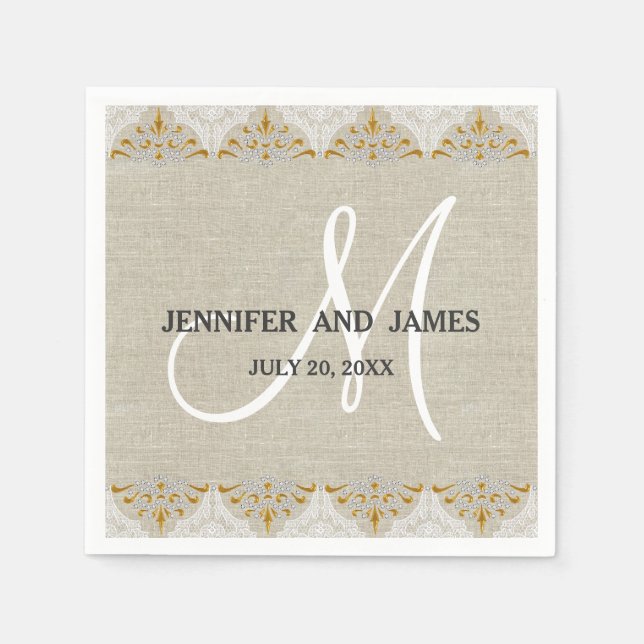 Linen Lace Gold Rustikales Hochzeitspapier Napkins Serviette (Vorderseite)