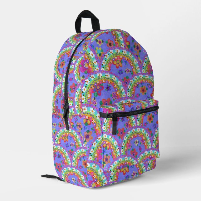 Linen Look Blume Rainbows Boho Beautiful Bedruckter Rucksack (Rückseitige Ecke links)
