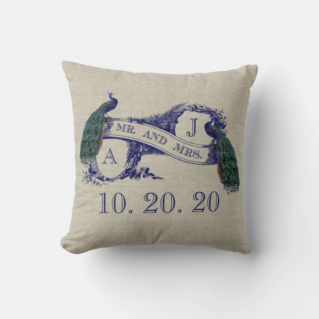 Linen Peacock Rustikales Hochzeitskissen Kissen (Vorderseite)