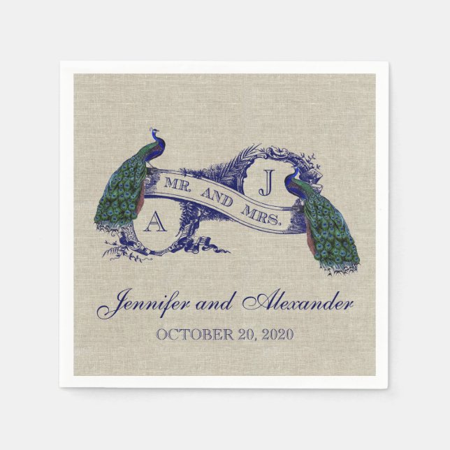 Linen Peacock Rustikales Hochzeitspapier Napkins Serviette (Vorderseite)