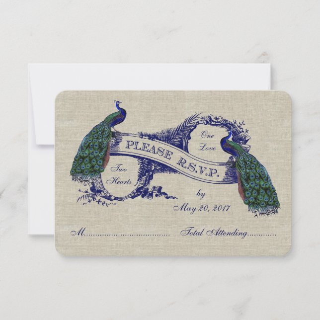 Linen Peacocks Rustic Wedding RSVP Cards Karte (Vorderseite)