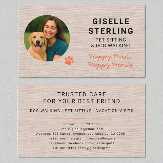 Linen Pet Sitting Photo Paw Print Minimalist Visitenkarte (Von Creator hochgeladen)