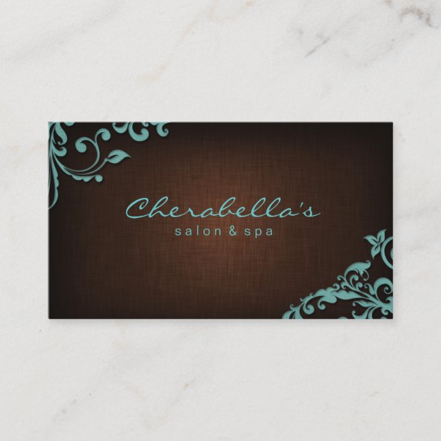 Linen Salon Spa Floral Business Card Brown Blue Visitenkarte (Vorderseite)