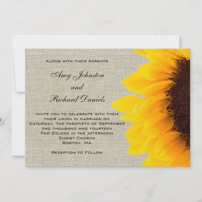 Linen Sonnenblume Rustikale Hochzeit Einladung (Vorderseite)