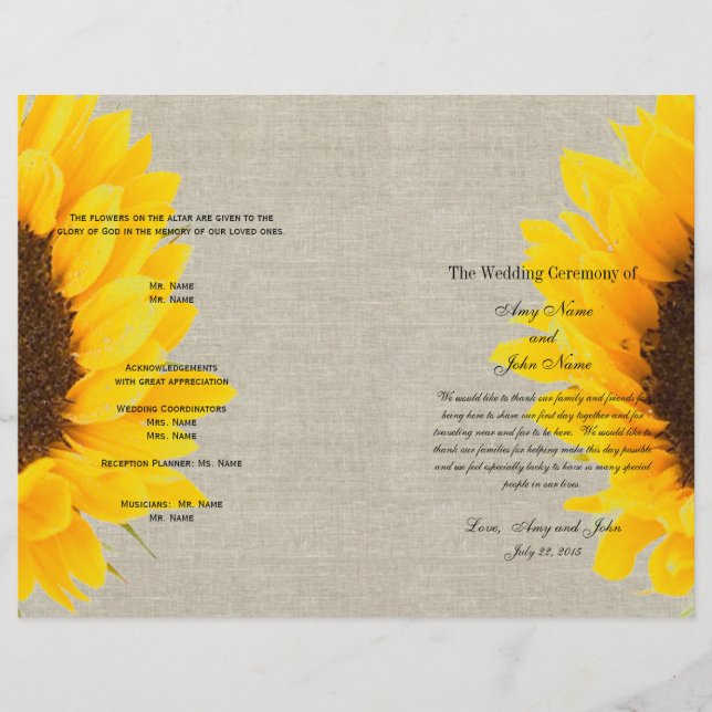 Linen Sunflower Rustic | Hochzeitsprogramm (Vorderseite)