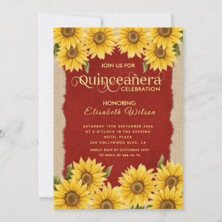 Linen Vintage Sonnenblume Rot Quinceañera Einladung