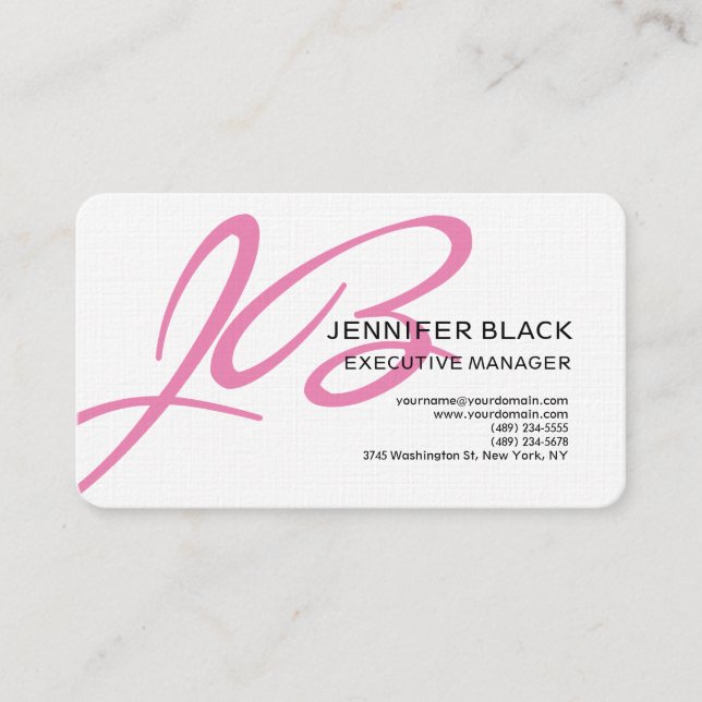 Linenschrift Monogram Pink White Modern Schlicht Visitenkarte (Vorderseite)