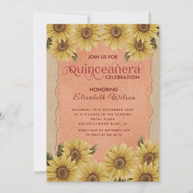 Liner Vintage Sonnenblumenorange Quinceñera Einladung (Vorderseite)