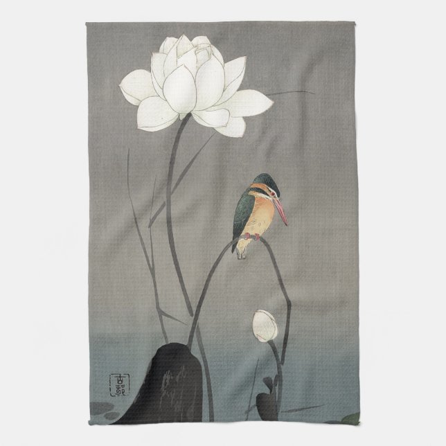 Linge De Cuisine 蓮にカワセミ, martin-pêcheur de 古邨 sur Lotus, Koson, (Vertical)
