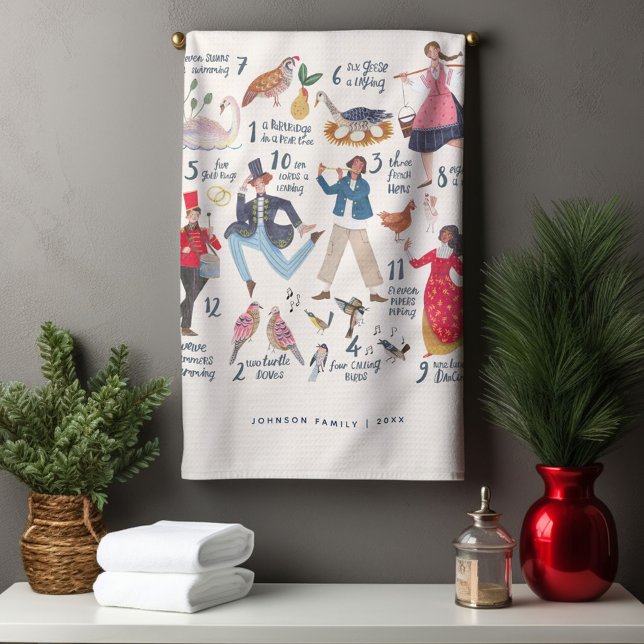 Linge De Cuisine 12 Jours de Noël Illustration classique (12 Days of Christmas Traditional Classic Illustration Tea Towel Holiday gift.)