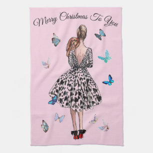 Linge De Cuisine 1950 Femme aux papillons Salutation de Noël