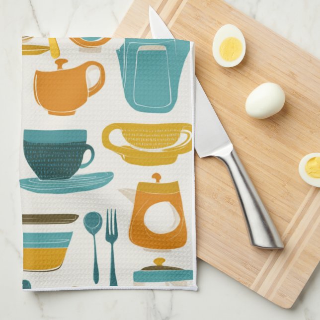 Linge De Cuisine 1960's Mid Century Modern teal, orange, yellow (Quart Plié)