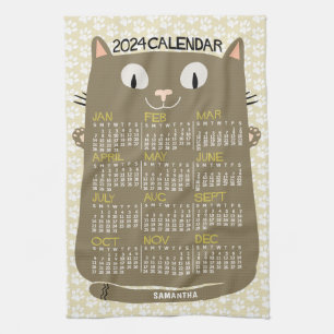 Linge De Cuisine 2024 Année Calendrier mensuel Mi-Siècle Brown Chat