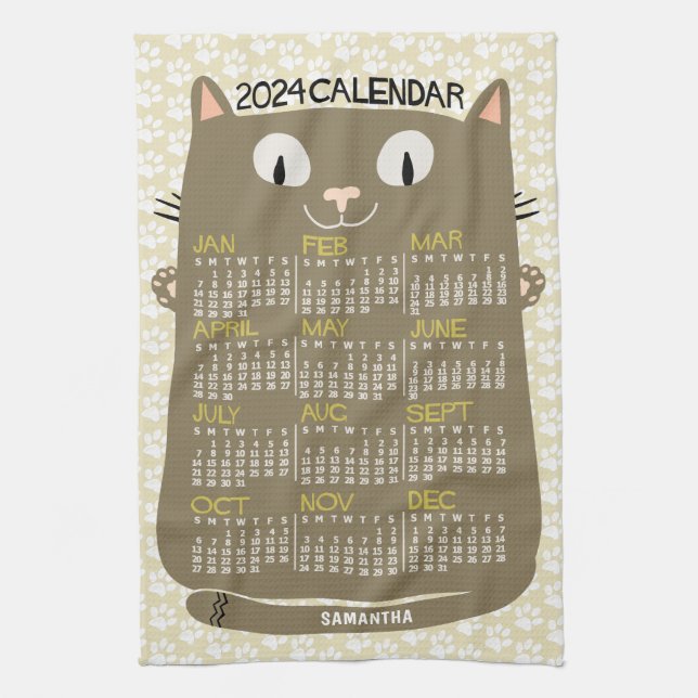 Linge De Cuisine 2024 Année Calendrier mensuel Mi-Siècle Brown Chat (Vertical)