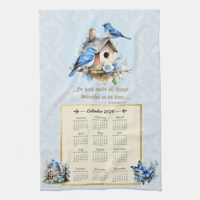 Linge De Cuisine 2024 Calendrier Towel Bluebirds Birdhouse Ecc 3:11 (Vertical)