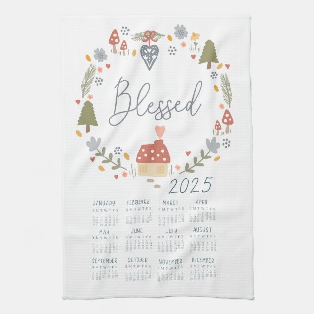 Linge De Cuisine 2025 Blessed Tea Towel Calendrier Pays Wreath (Vertical)