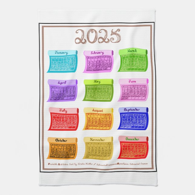 Linge De Cuisine 2025 Calendrier Bolt Fabric Police 12 Mois Couleur (Vertical)