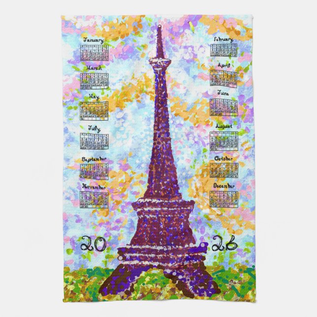 Linge De Cuisine 2026 Calendar Eiffel Tower Pointillism Landscape  (Vertical)