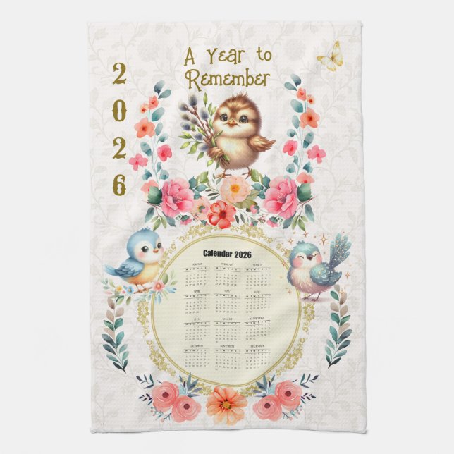 Linge De Cuisine 2026 Calendar Towel Cute Folk Floral Birds  (Vertical)