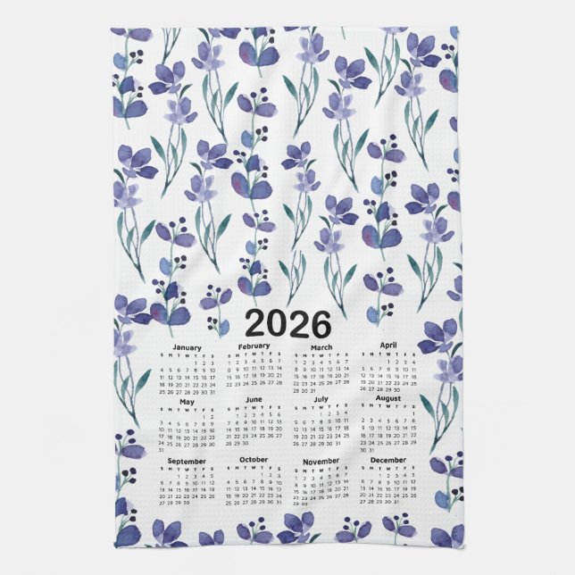 Linge De Cuisine 2026 Calendrier Aquarelle Bleu Motif Floral (Vertical)