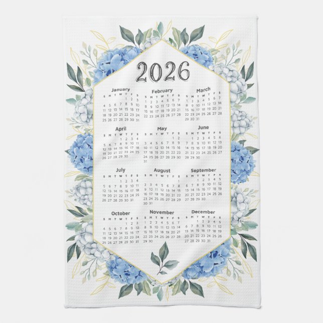 Linge De Cuisine 2026 Calendrier Aquarelle Bleue Botanique Verdure (Vertical)