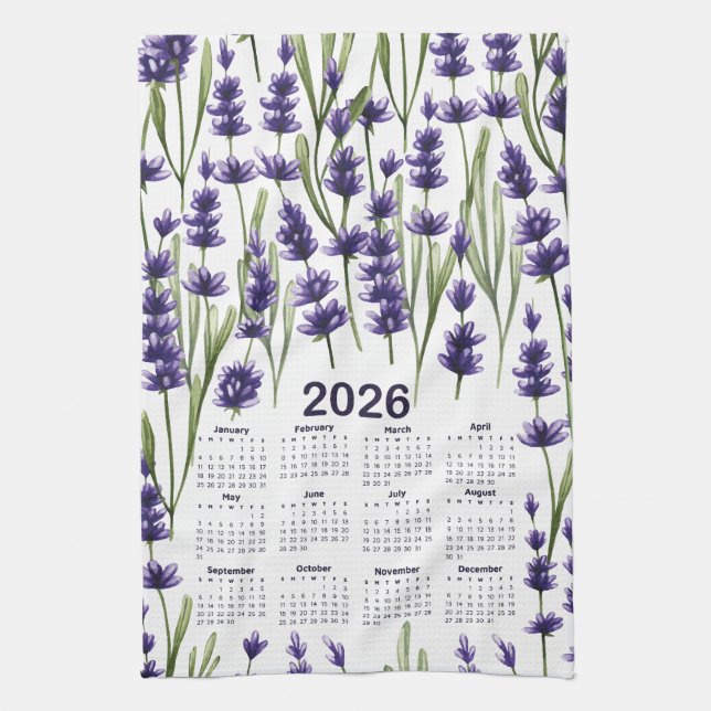 Linge De Cuisine 2026 Calendrier Aquarelle Purple Lavande Fleurs (Vertical)