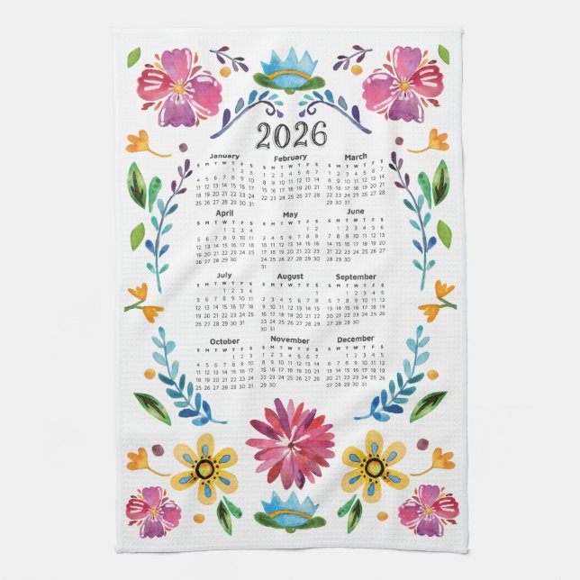 Linge De Cuisine 2026 Calendrier Traditionnel Floral Folk Art Mexic (Vertical)