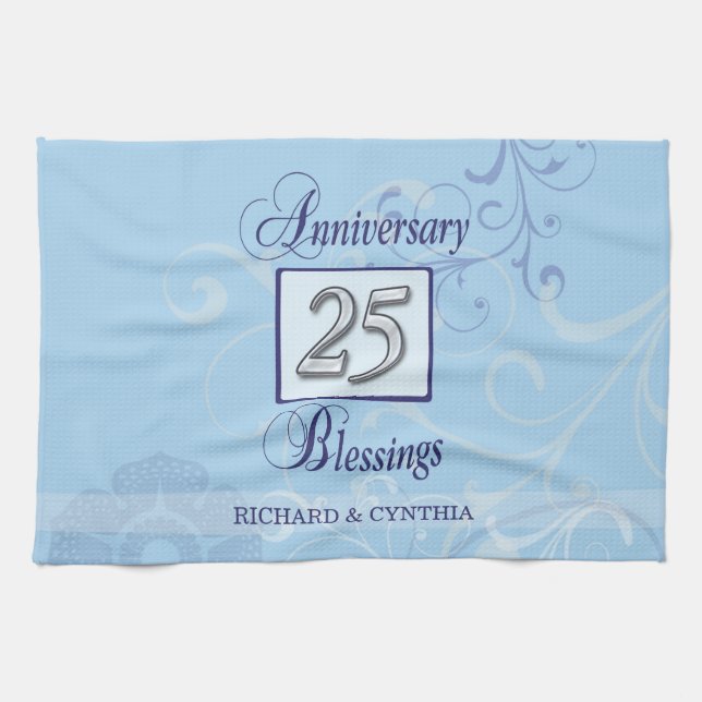 Linge De Cuisine 25e anniversaire en bleu et argent (Horizontal)