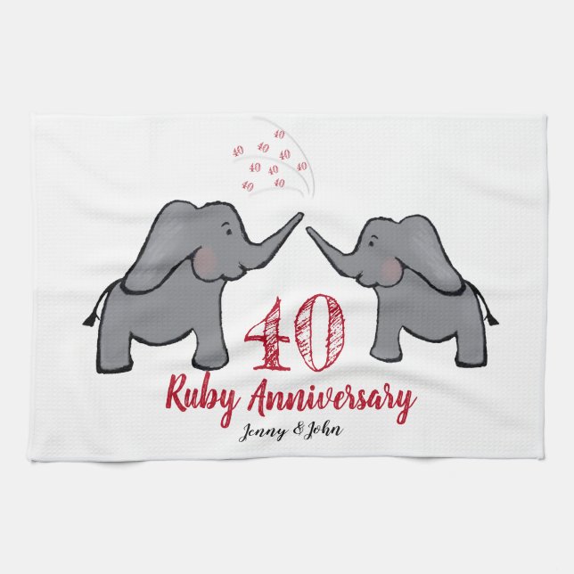 Linge De Cuisine 40e anniversaire de rubis mariage éléphant mignon (Horizontal)