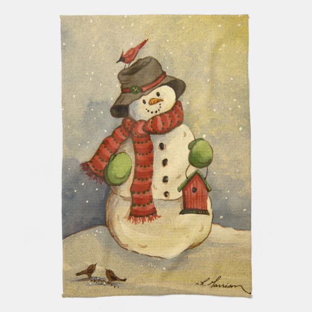 Linge De Cuisine 4905 Noël des Snowman et Birdhouse (Vertical)
