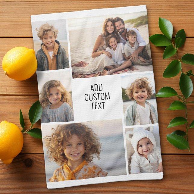 Linge De Cuisine 6 photo collage - arrière - plan blanc - texte noi (Custom Kitchen Towel with Photo Collage)
