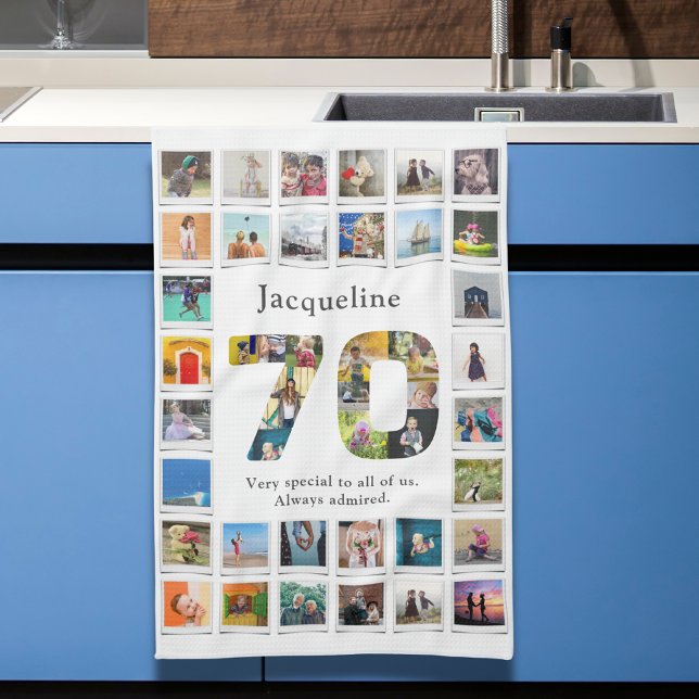 Linge De Cuisine 70e anniversaire Modèle photo de famille (70th birthday family photo template collage kitchen towel.)