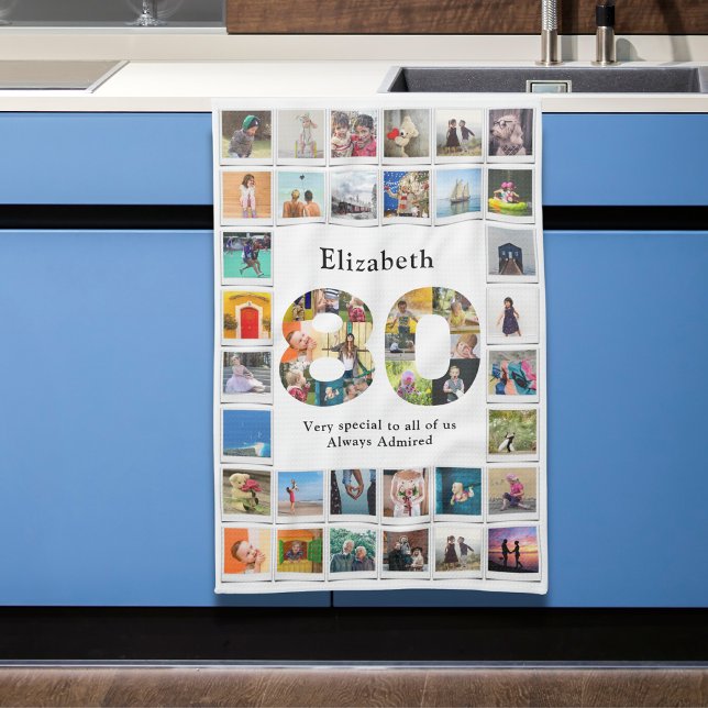 Linge De Cuisine 80e anniversaire Famille Photo Collage Modèle (Personalized 80th birthday kitchen towel with family photo collage template.)