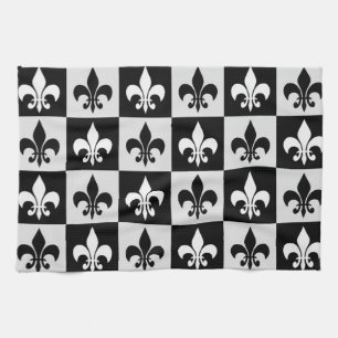 Linge De Cuisine à damiers Blanc Noir Fleur-De-Lis Motif