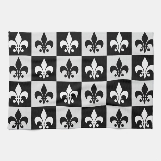 Linge De Cuisine à damiers Blanc Noir Fleur-De-Lis Motif (Horizontal)