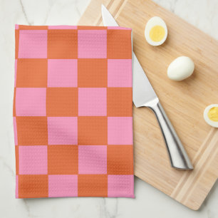 Linge De Cuisine à damiers orange et rose