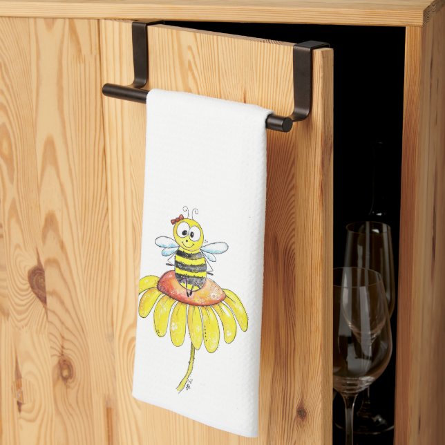 Linge De Cuisine Abeille blanche mignonne sur une fleur (Pliage en tiers)