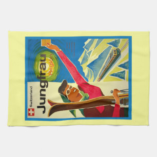 Linge De Cuisine Affiche vintage de ski, région de Jungfrau, Suisse