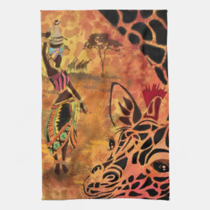 Linge De Cuisine African Girl and Giraffe - Friends - Art Drawing -